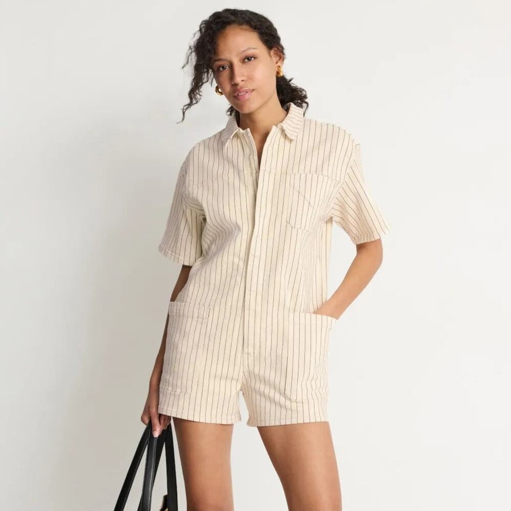 Hudson Boyfriend Romper Striped Short Sleeve Collared Patch Pocket White Black M